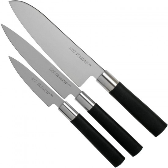 Σετ μαχαιριών Wasabi Black Santoku, γενικής χρήσης & μαχαίρι αποφλοίωσης - Kai