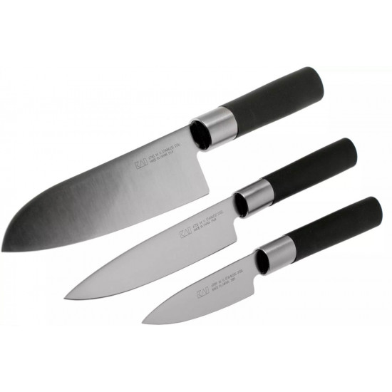 Σετ μαχαιριών Wasabi Black Santoku, γενικής χρήσης & μαχαίρι αποφλοίωσης - Kai